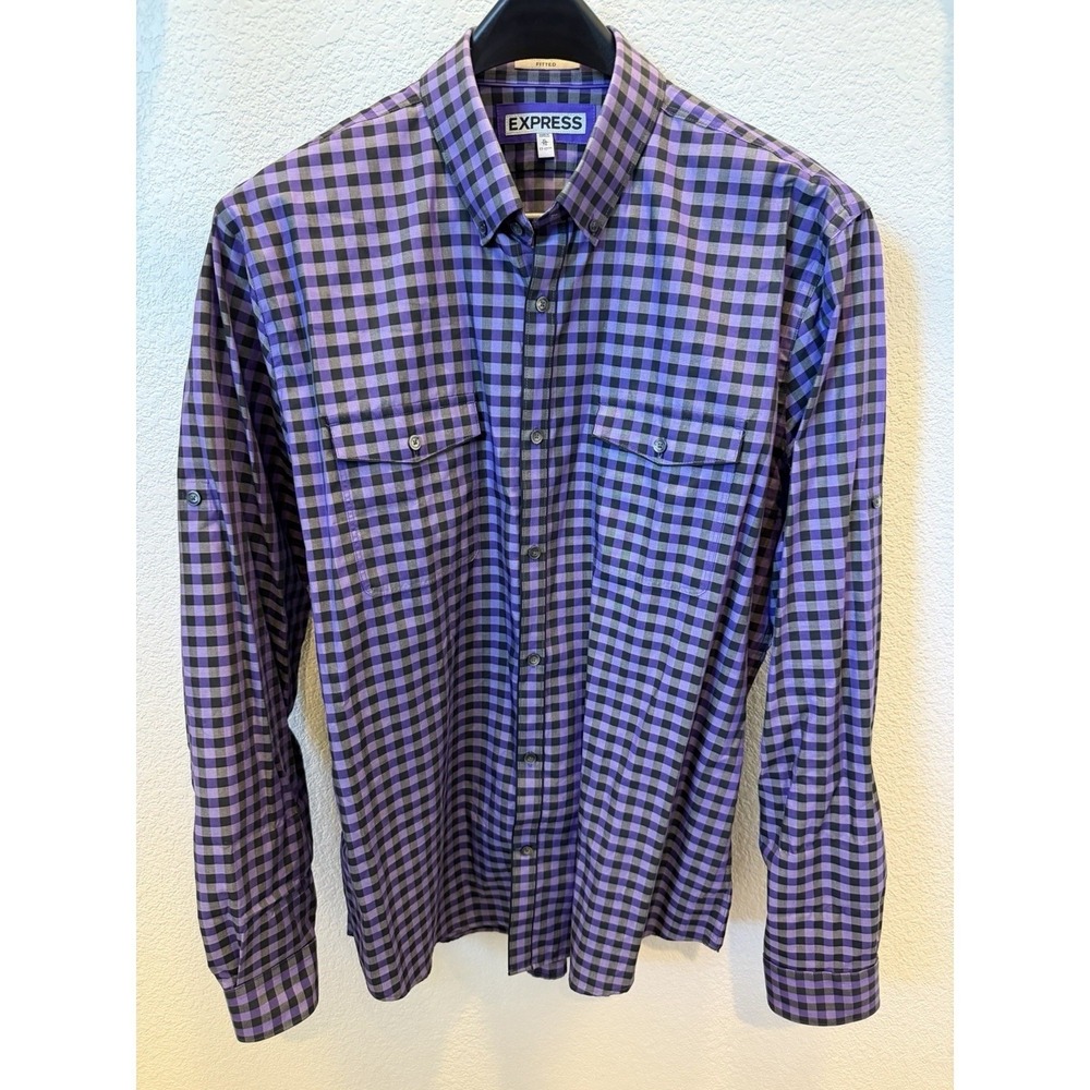 BRAND NEW- Express Fitted XL Purple Black Gray Check Long Sleeve Button-Up Shirt